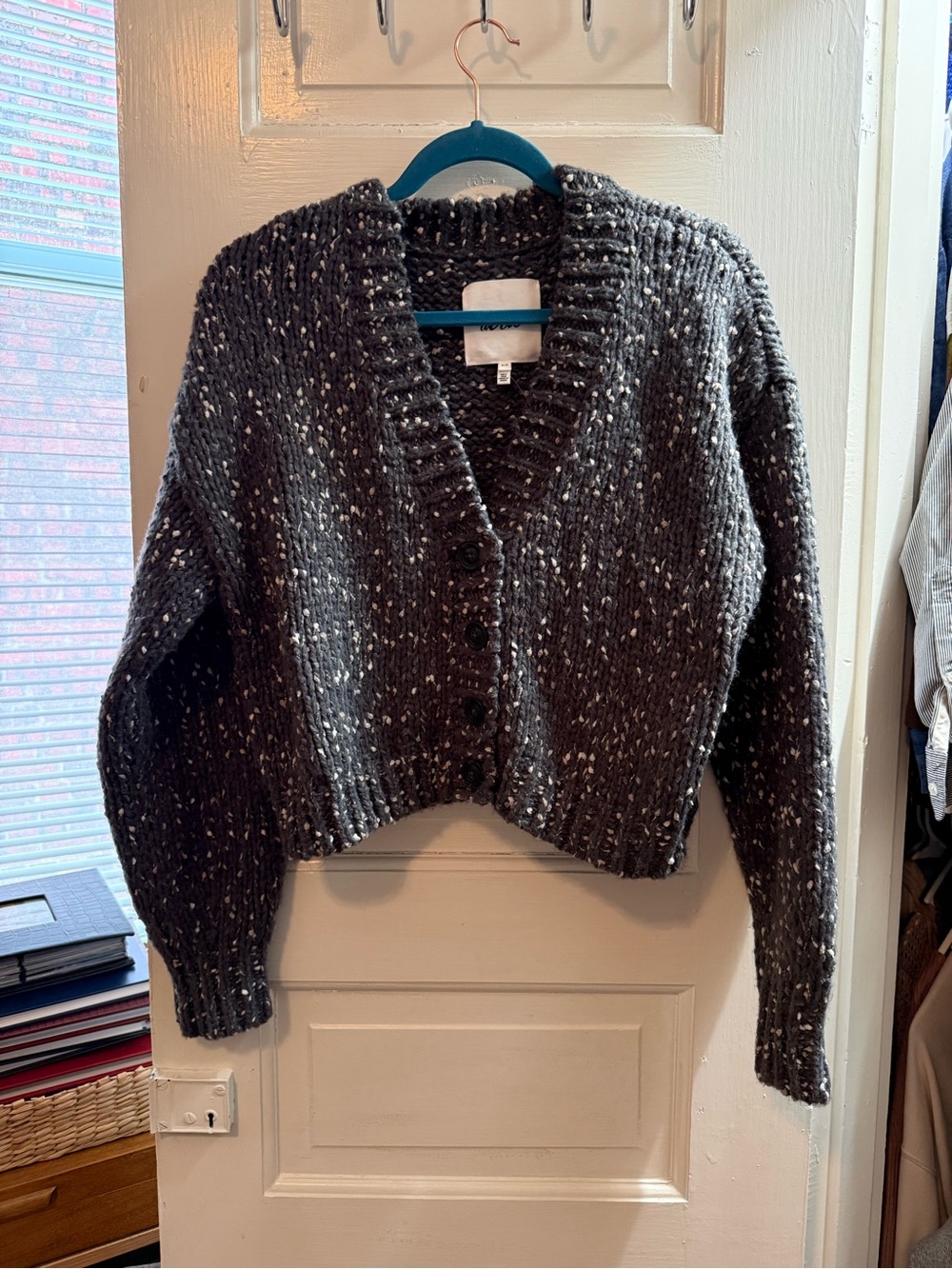 NWT Aerie Chunky Knit Charcoal Speckled V-Neck Buttoned Sweater